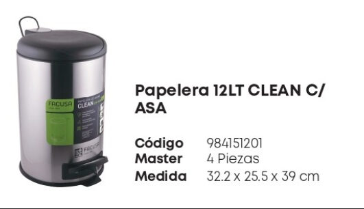 Papelera 12 Lt Clean C/ Asa Acero Inoxidable
